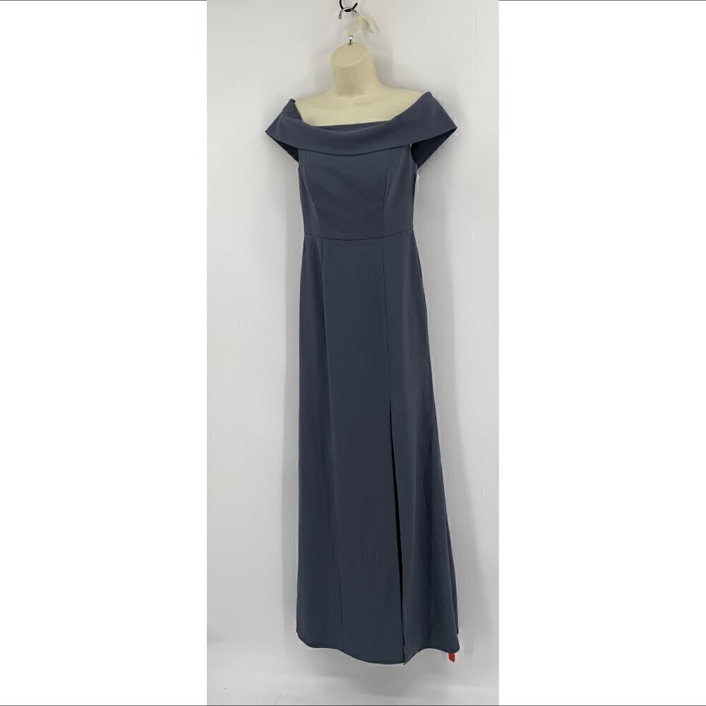 Dessy Collection cuffed off-the-shoulder trumpet gown silver stone dress new 4